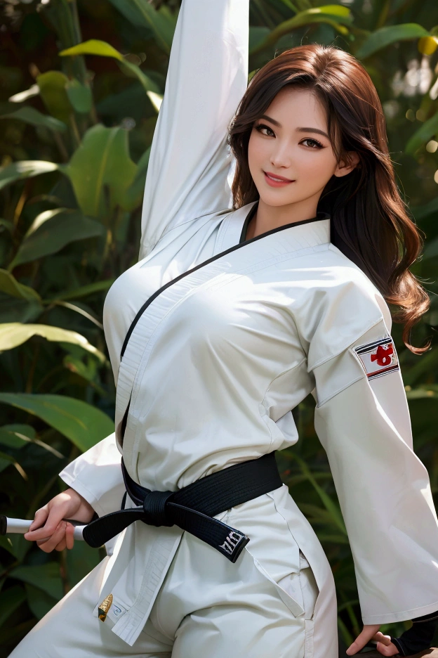 Best Quality, masterpiece, Ultra-high resolution, (Realistic:1.4), Beautiful woman,, Clevis, Karate Suit, Empty-handed, drum, Karate Pants, black belt, Taekwondo Kick, martial arts, Medium Breast, Narrow waist, Shiny skin, Captivating smile, Bokeh, Back kick, Battle Kick, Kicking Pose　Boob massage、