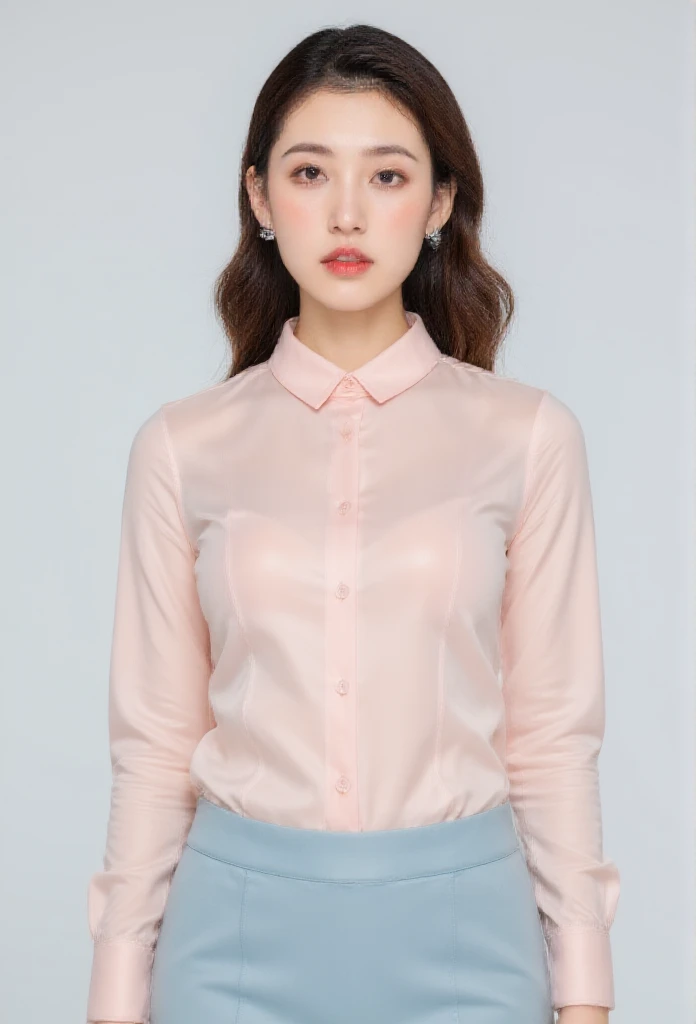 masterpiece, Beautiful girl in transparent latex shirt, Latex shirt buttons, Pink and light blue latex, PVC shirt transparent, plump, Slim, agile, Glossy makeup, Perfect style, Pink earrings, Sexy, Ultra HD resolution, Ultra-high-definition images, Full body photo 