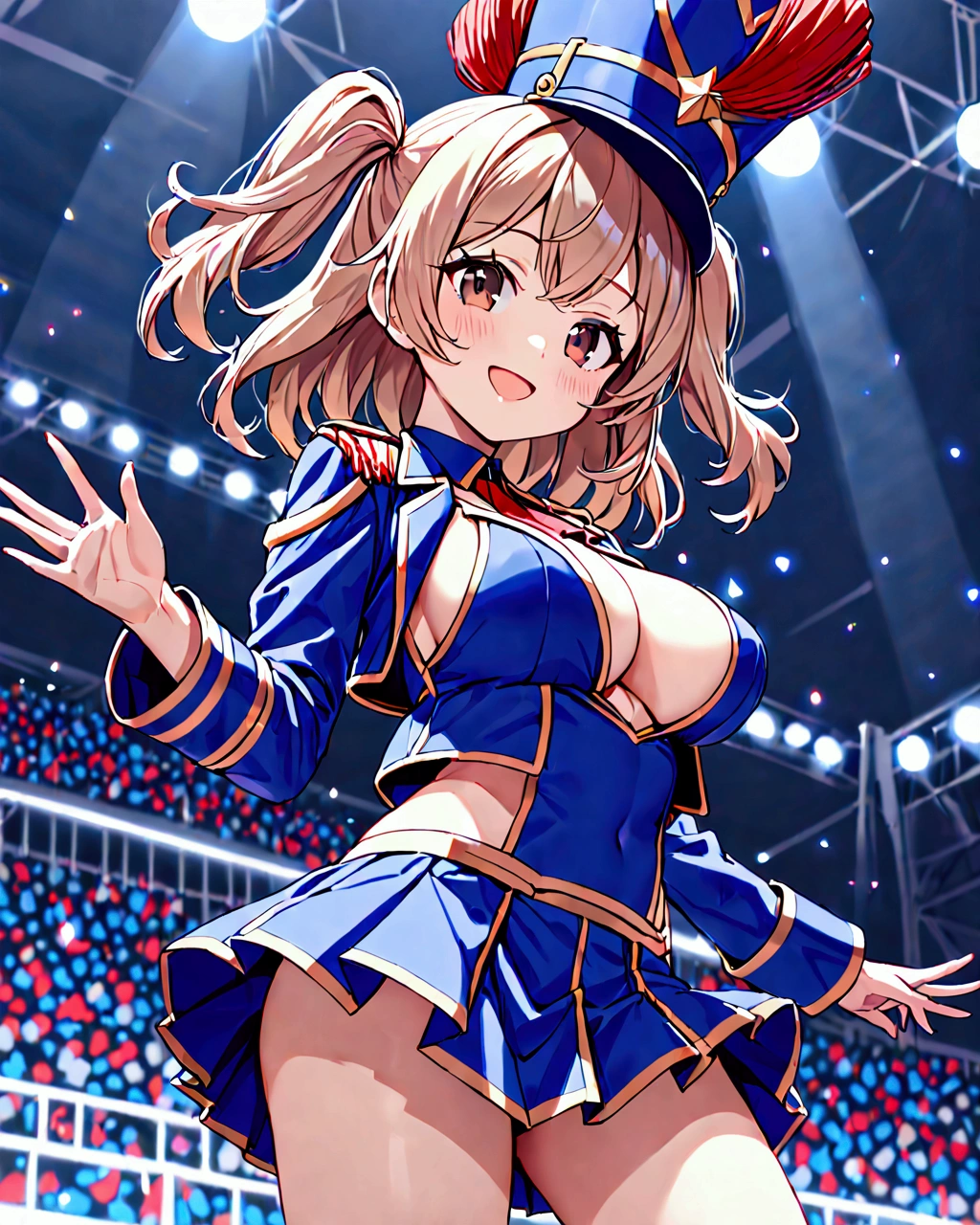 (best quality), (beautiful), (masterpiece), petite, 1girl, upper body above the knees, (metallic blue marching band costume, spencer jacket, pleated miniskirt. drum major hat:1.2), light smile, open mouth, light brown hair, medium hair, wave hair, two side up with ribbon, dark brown eyes, large breasts, looking at viewer, cheerful pose, outdoor stage, from side below