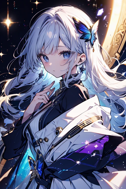 close up of face,from side view,A colorful space-like world sprinkled with stardust,magic light rain,fluffy and voluminous hair,Slightly bluish silver hair,Keep your hair tied tightly,Chignon Hair,Slightly translucent hair shines like a jewel.,large and impressive eyes,your eyes shine like jewels,ruby, Sapphire, Emeraude, Diamond, amber, pearls,Scale-like jewels from the lower jaw to the arms,Staring at me intently,nakeness,scaly skin,Underwear with plenty of lace