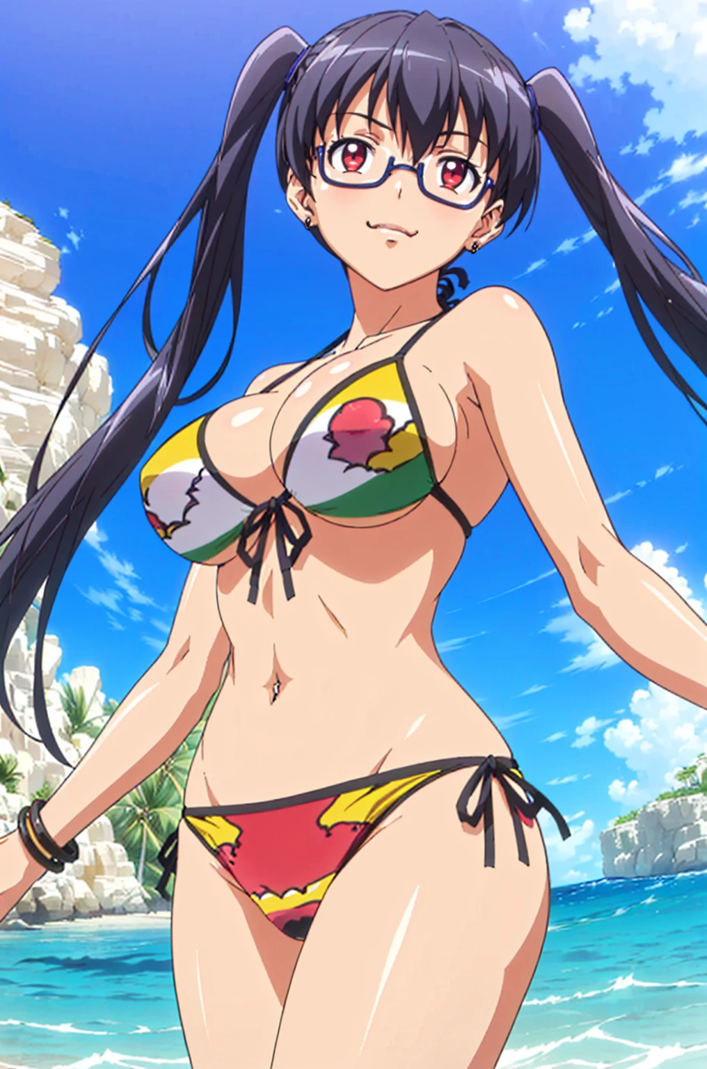 (masterpiece), (highest quality:1.0), (Ultra-high resolution:1.0),
,Beach, One girl, alone, ,View the viewer, Swimwear, arima_Ayumi,Long Hair,Black Hair,25-year-old woman, Single Pigtail,Pink Lip, Glasses,,1 braid,, smile,