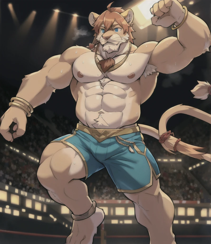 Born, masterpiece, Best Quality, Realistic, hi res, An absurd solution, Complex eyes, Intricate weaving, Detailed lighting, high detail, , Written boundary depth,
美Shii目, Detailed eyes,
Arena,
(Alone), Furry, Anthro, kemono, Lion, , thin, (Muscular body:1.15), adult,80 years old, male, Bodybuilder,Hercules,Strongest,,Golden Collar,ゴールデンbracelet,hero,god々Shii,: 190cm,Weight 90kg,Good Looking,chest hair,Armpit hair,body odor,Long legs,Brown nipples,chest hair,Armpit hair,body odor,
Body hair, Tail tassel, moustache,Meatballs, blue eyes,
Hair tied up,Hair between the eyes,Ahoge,Side Lock,Cross Buns,
Falling,Being knocked out, anger,Knee,ankle,Toes, Long body,Long arms,Long limbs,Long limbs,Long limbs,Long limbs,defeat,frustration,regrettable,lose,game over,
,necklace,,bracelet, Blue shorts,sweat,