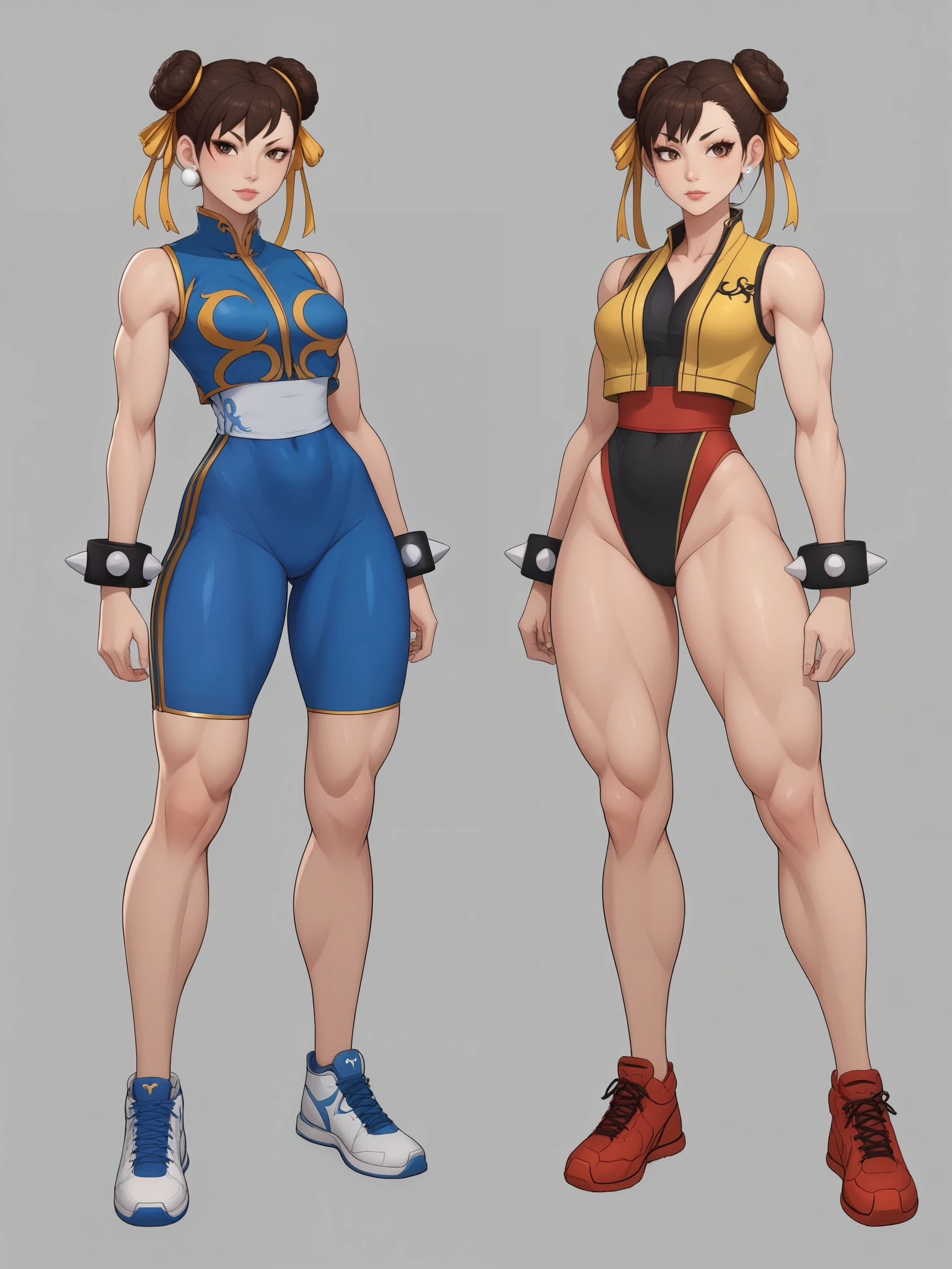 Chun-li. brown hair. odango's hairstyle is tied with ribbons.brown eyes. Big growth. athletic legs. very small breasts. huge, toned thighs. A Chinese acrobatic costume consisting of a tight-fitting jumpsuit, vest and sneakers. china bar