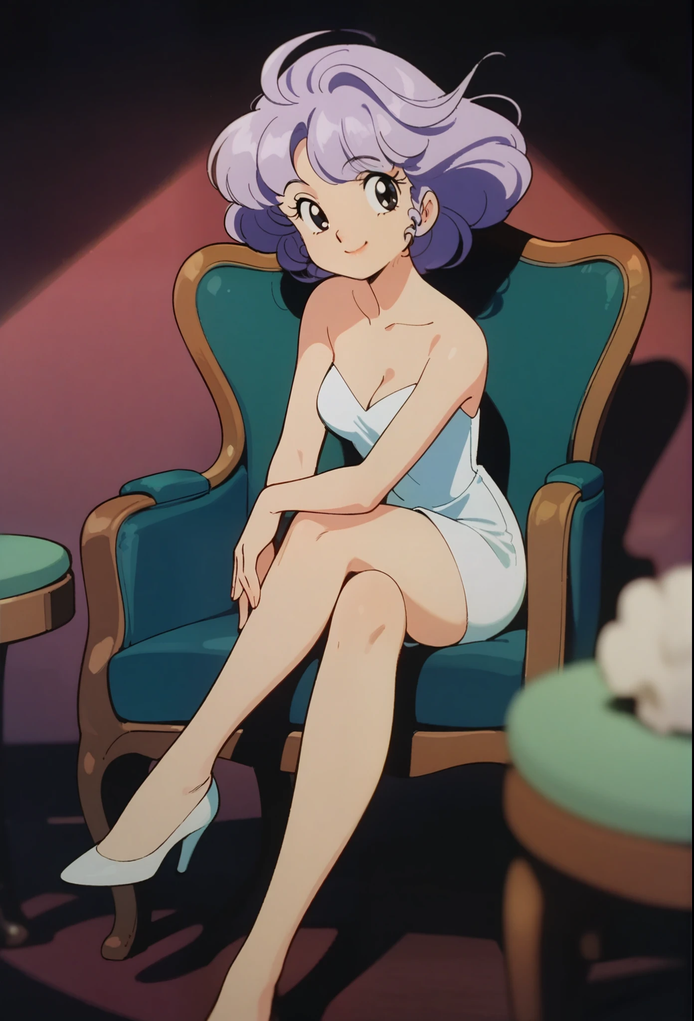 masterpiece, best quality, very aesthetic, absurdres,1990s \(style\),1girl, solo,purple hair,looking at viewer,smile, sitting, legs crossed, Breasts, low cut, short evening dress, chair, 