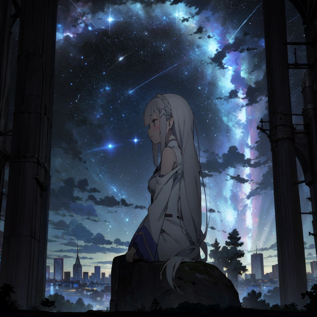 sky, star (sky), scenery, starry sky, night, 1girl, night sky, solo, outdoors, building, cloud, milky way, sitting, tree, long whitw hair, city, silhouette, cityscape