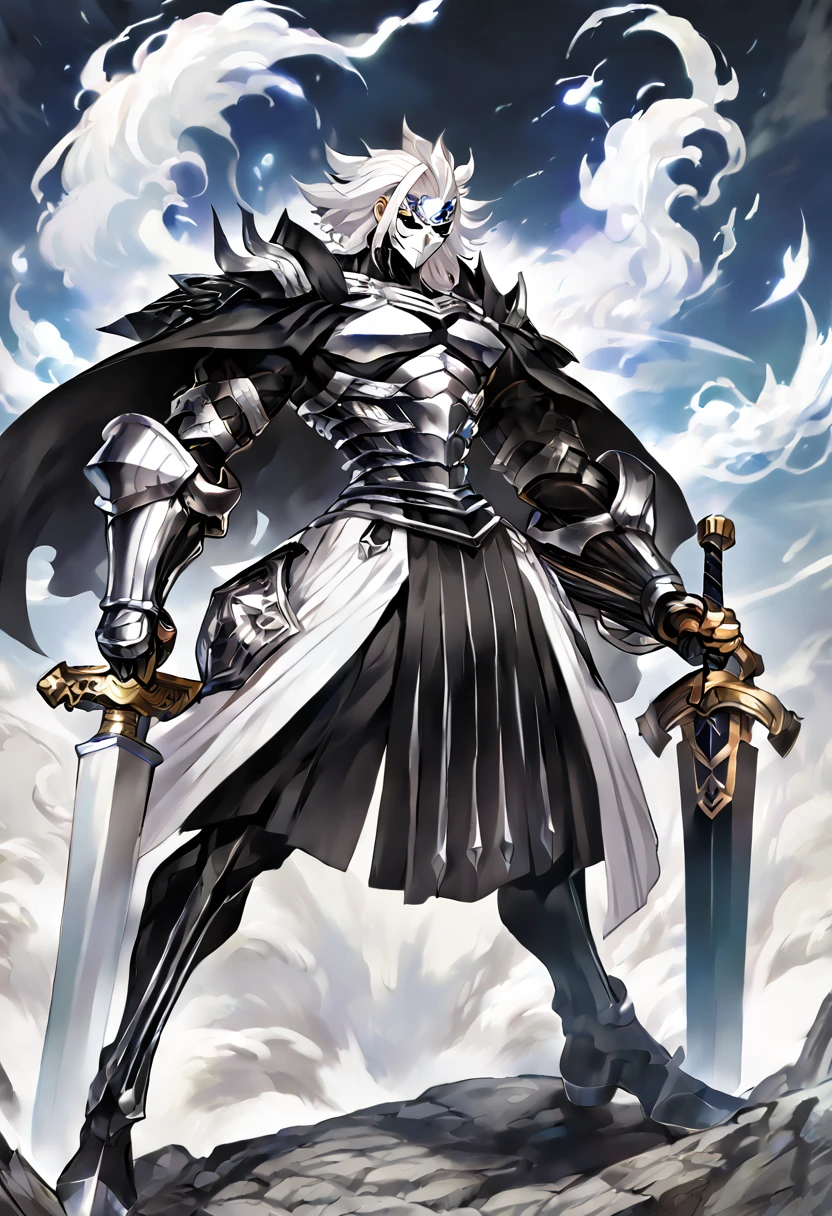 In terms of appearance, Mihawk would be adapted for the Bleach universe as an Arrancar with a stern and haughty appearance. He would have a white mask with black details and black and silver armor adorned with sword details. His hair would be black and long, and he would wear a black cape, high definition 8k