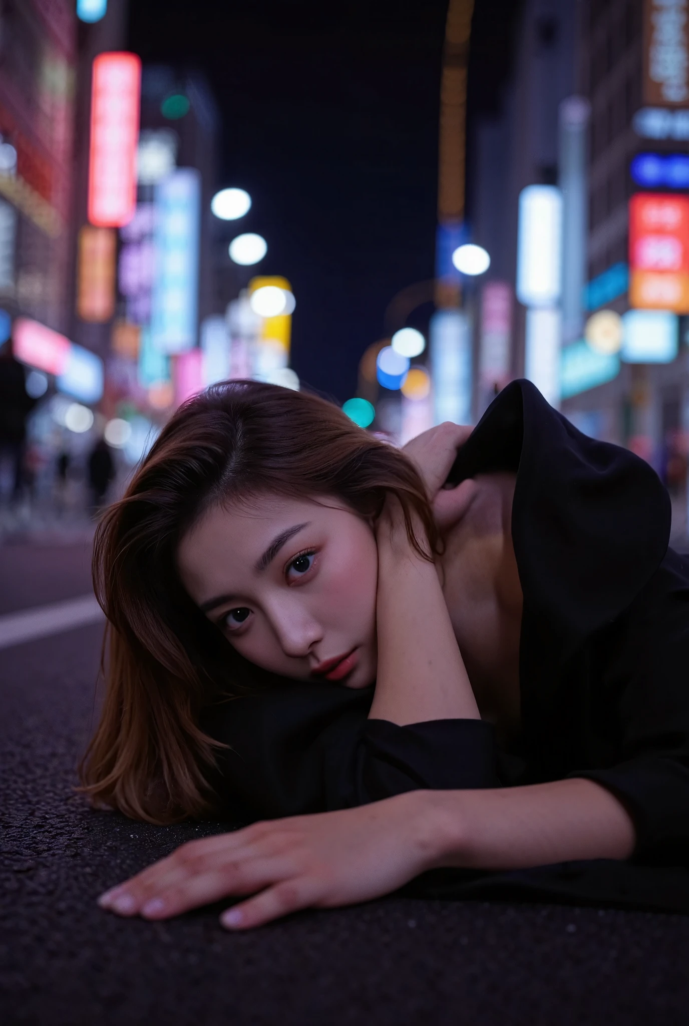a woman lying on a city street at night, detailed face, beautiful eyes, lips, long eyelashes, elegant pose, dimly lit, neon lights, cinematic atmosphere, 8k, high resolution, photorealistic, dramatic lighting, moody colors, neo-noir aesthetic, cinematic composition, intricate details