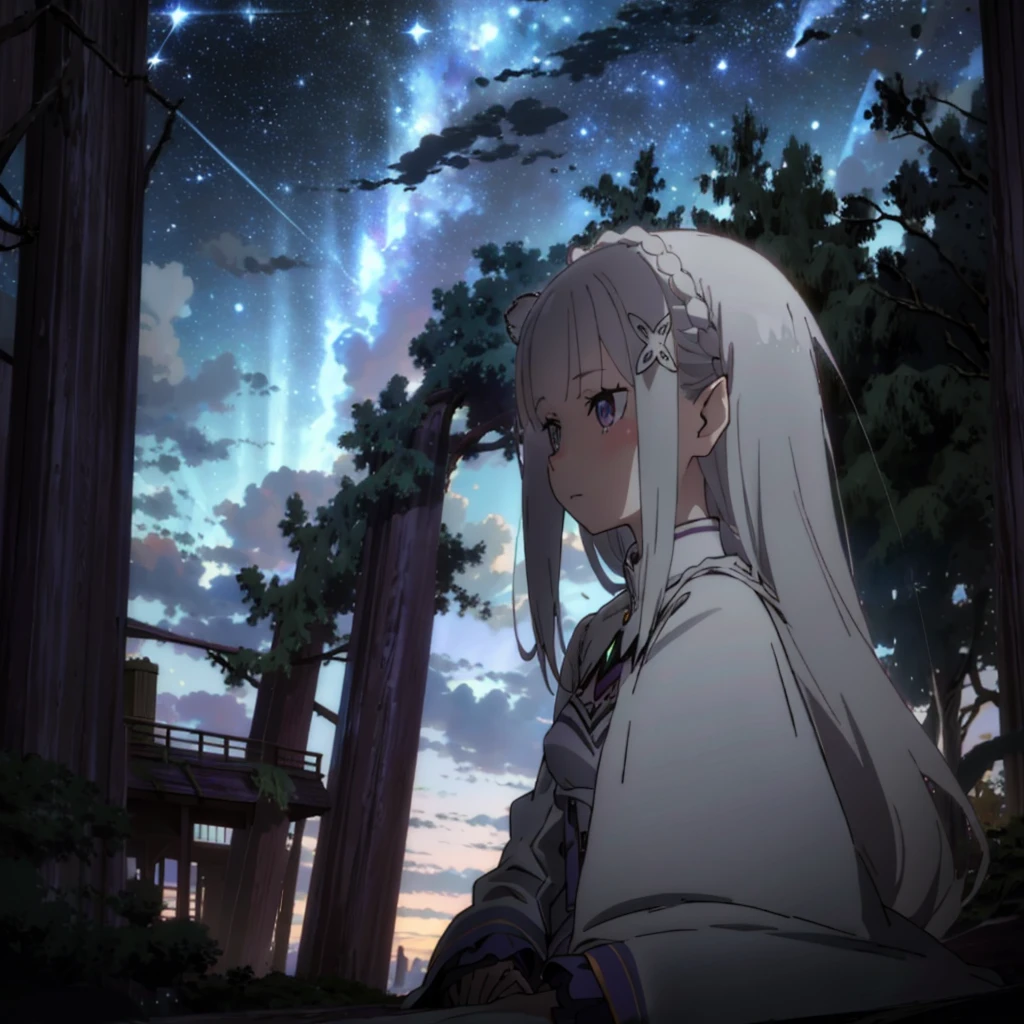 sky, star (sky), scenery, starry sky, night, 1girl, night sky, solo, outdoors, building, cloud, milky way, sitting, tree, long white hair, city, silhouette, cityscape, with closed umbrella in her side