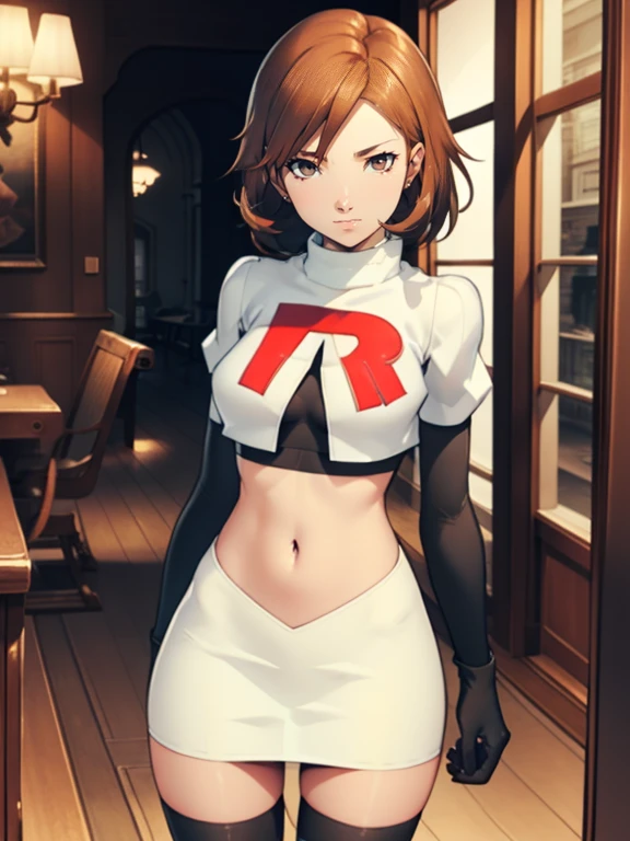 brown hair, short hair, glossy lips ,team rocket uniform, red letter R, white skirt,white crop top,black thigh-high boots, black elbow gloves, evil smile, looking at viewer, cowboy shot