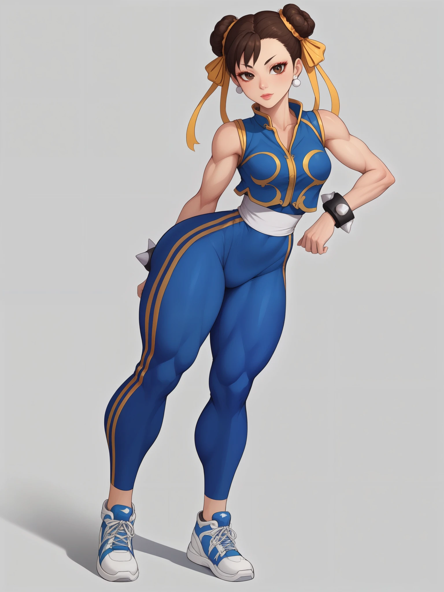 Chun-li. brown hair. odango's hairstyle is tied with ribbons.brown eyes. Big growth. athletic legs. very small breasts. huge, toned thighs. A Chinese acrobatic costume consisting of a tight-fitting jumpsuit, vest and sneakers. china bar