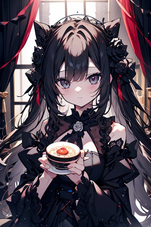 masterpiece, (detailed, highres, best quality), 1girl, <lora:spchisakaAiri-08:1> chisaka1st, hairclip, hair flower, wolf tail, hat, red necktie, necktie between breasts, detached collar, cleavage, black dress, boots, white jacket, cup, drinking glass, food, ice cream, simple background, spoon, star (symbol), starry background, upper body, white background