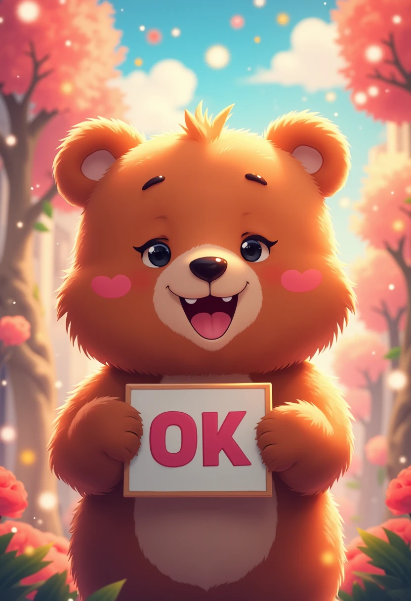 cute bear,bear holding sign,bear holding sign "OK",fun,happy,anime illustration,realistic,oil painting,photorealistic,detailed,intricate,masterpiece,high quality,hyperdetailed,octane render,cinematic lighting,vibrant colors,soft lighting,warm tones,cute expression,niji6,niji5,adorable,whimsical