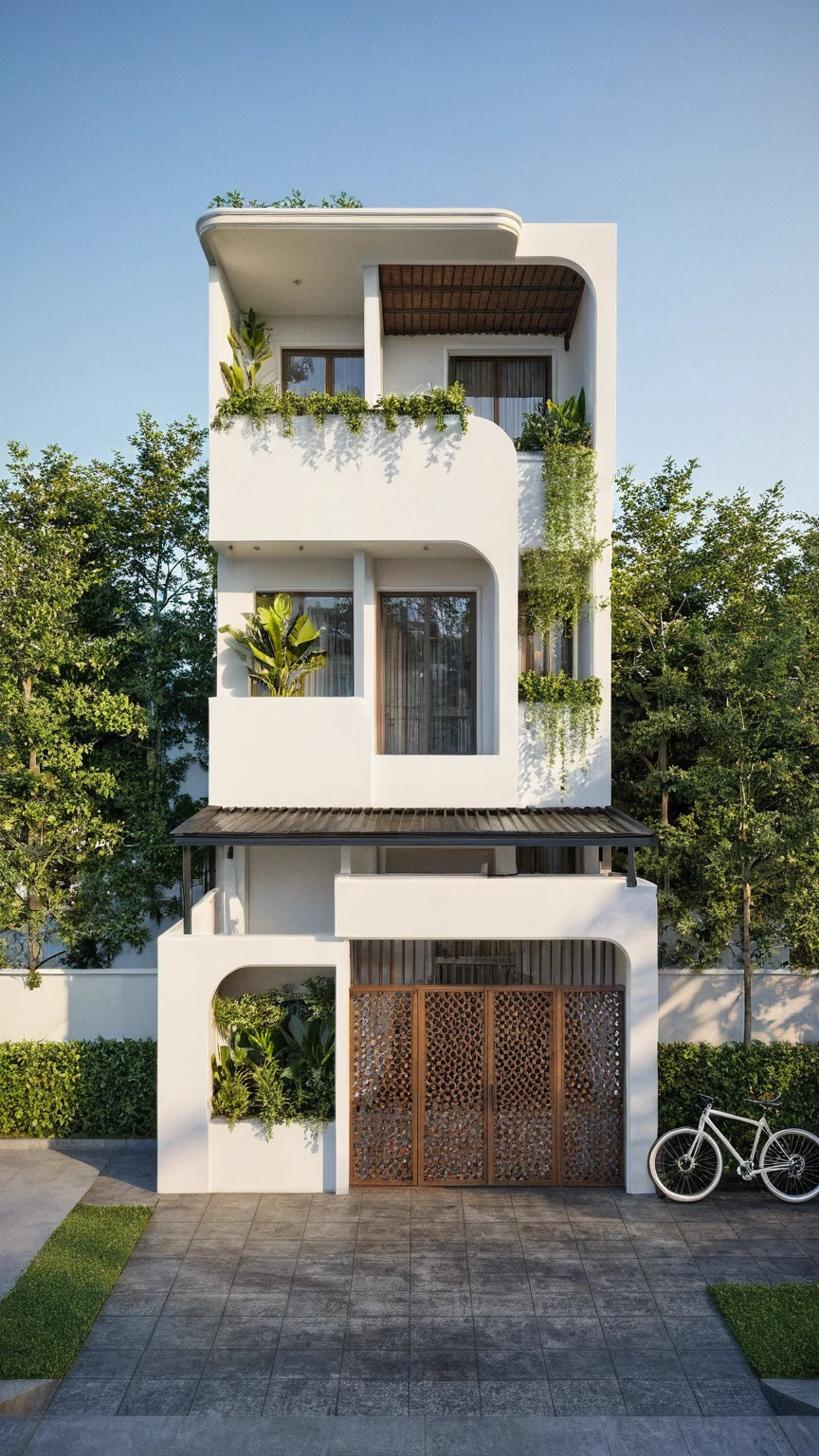 The house has 2 floors and 1 attic with a terrace. tall and narrow, modern design, steel gate and wooden details in harmonious color combination to flatter the eye. The outside is painted white, the front wall has many curves. Mix 6    outstanding colors with white as the main color. Outstanding colors combine in soft curves. The house has windows on all sides and (wooden and iron ceilings: 1,2). Materials include black steel and wood. The attic has a tree growing on the middle column in bright floral colors, blue and wood. Surrounded by tropical vegetation. The scene was shot from a 24mm perspective, with soft, natural lighting highlighting textures and materials, creating soft shadows that highlight the curves of the front wall and wooden details.