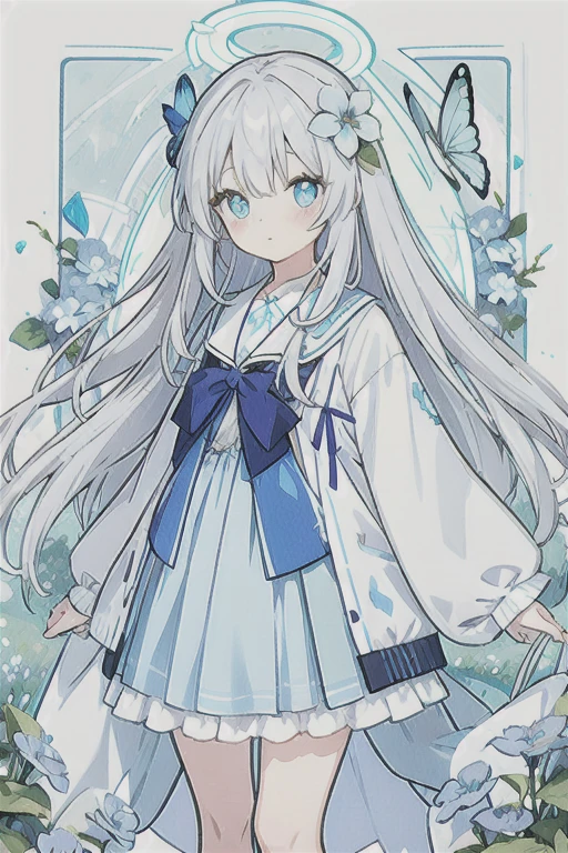 ・Watercolor・White Hair、Very long hair, light blue left eye、Grey right eye, flower-shaped pupil, loose fitting blouse, light blue cardigan, light blue skirt, grey ribbon on collar, young girl, cute, quiet, light blue flower field, holding light blue flower, light blue butterfly, soft light, best quality