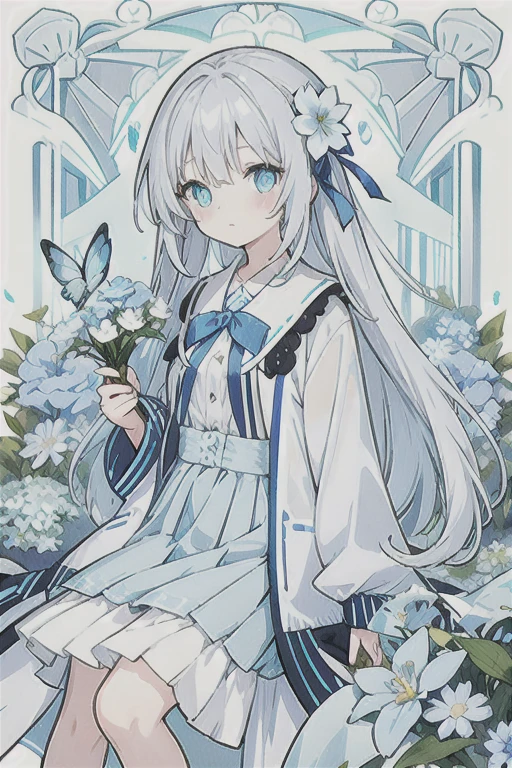 ・Watercolor・White Hair、Very long hair, light blue left eye、Grey right eye, flower-shaped pupil, loose fitting blouse, light blue cardigan, light blue skirt, grey ribbon on collar, young girl, cute, quiet, light blue flower field, holding light blue flower, light blue butterfly, soft light, best quality