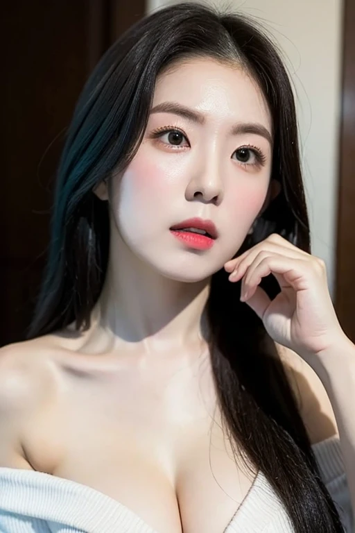 , (Mature body), Solitary,Long gray hair,black hair color, Off-shoulder, black eyes,1 Sister,A sexy pose,best quality,masterpiece,light,Extremely exquisite and beautiful,CG,Unite,8k wallpaper,Astonishing,detailed,masterpiece,Official Art,The content is very detailed Cg Unite 8k wallpaper,Extremely ridiculous,Huge file size,ultra - detailed,high resolution,The content is very detailed,Beautiful and delicate girl,Practical,full,Hotel Room,Light Contrast, Lopez, fully body photo, full, White under underwear