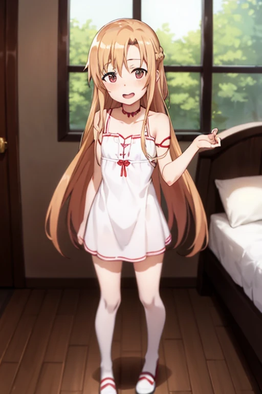 ((Best Quality)), ((masterpiece)), (be familiar with), Perfect Face, indoor, bedroom, Watching the audience,
One woman, Yuuki Asuna,
Open Mouth, Ecstatic expression, blush, smile,
Small breasts, Flat Chest, , , child, Girl,
Long Hair, Long Hair,
Leg spread,