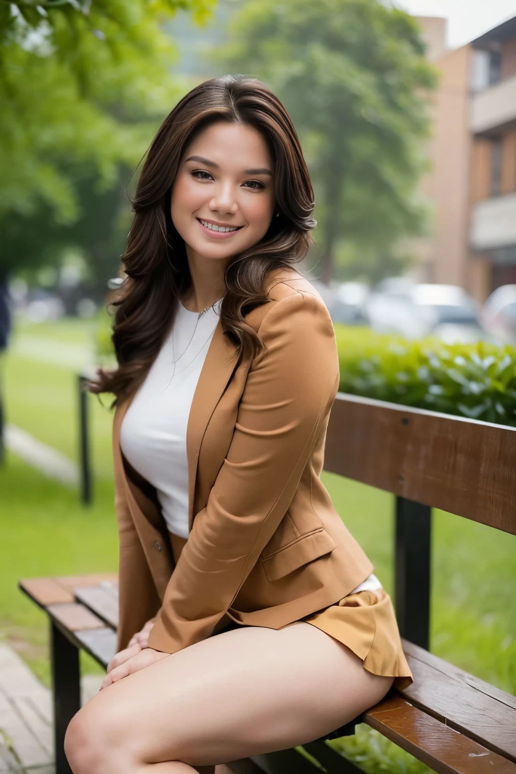 A woman with ((brown hair)), Realistic, Photorealistic, 8K, Masterpiece, Best Quality, High Definition, Highly Detailed, RAW Photo, Single Woman, tan blazer and mini skirt, white inner, sexy pose, sitting on bench, from head to hips, (looking at viewer), big breast, smiling