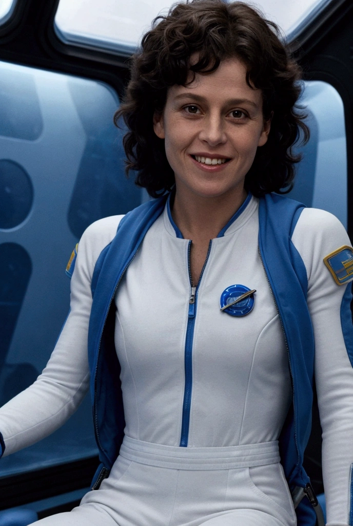 Ellen Ripley from the movie &quotation;foreigner&quotation;, in a spaceship, Flirting, smiles, high resolution, 80&#39;Urop, looks at the viewer, The heroine is dressed in a blue and white spacesuit, Calm pose, 