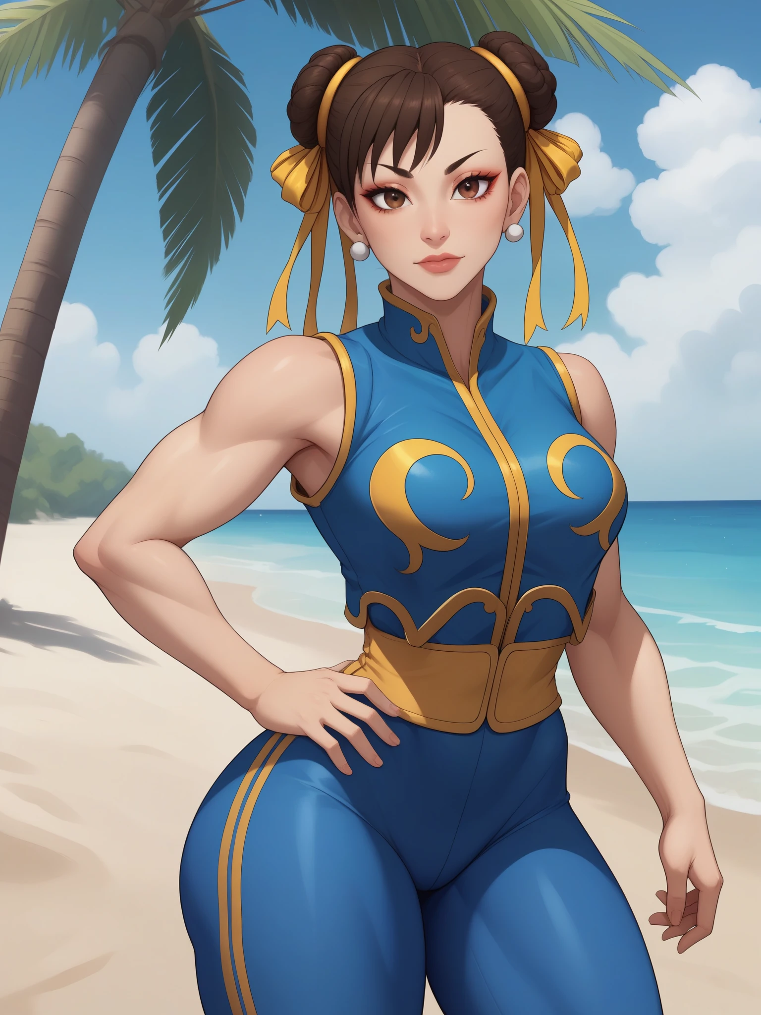 Chun-li. brown hair. odango's hairstyle is tied with ribbons.brown eyes. Big growth. athletic legs. very small breasts. huge, toned thighs. A Chinese acrobatic costume consisting of a tight-fitting jumpsuit, vest and sneakers. beach