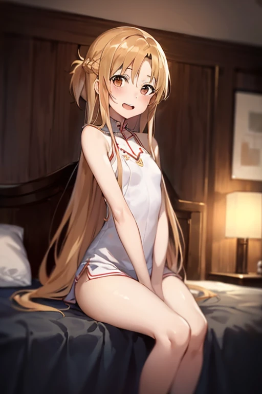 ((Best Quality)), ((masterpiece)), (be familiar with), Perfect Face, indoor, bedroom, Watching the audience,
One woman, Yuuki Asuna,
Open Mouth, Ecstatic expression, blush, smile,
Small breasts, Flat Chest, , , , Girl,
Long Hair, Long Hair,
Leg spread,