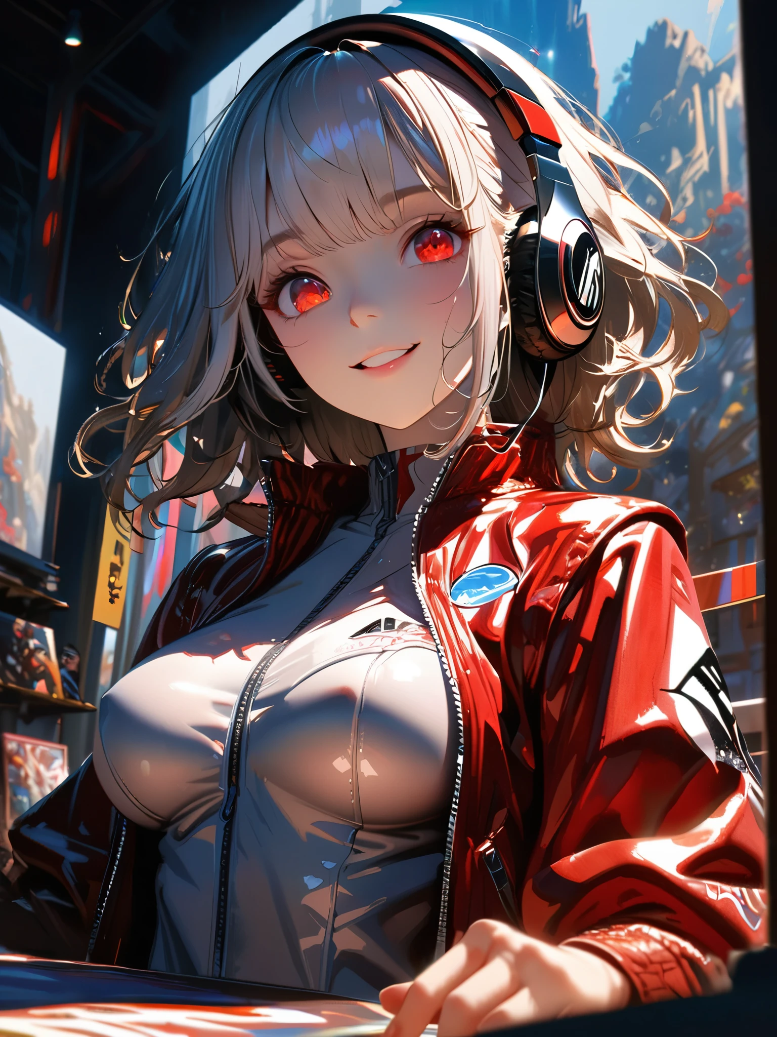 Anime girl with headphones and red jacket sitting at a table - SeaArt AI