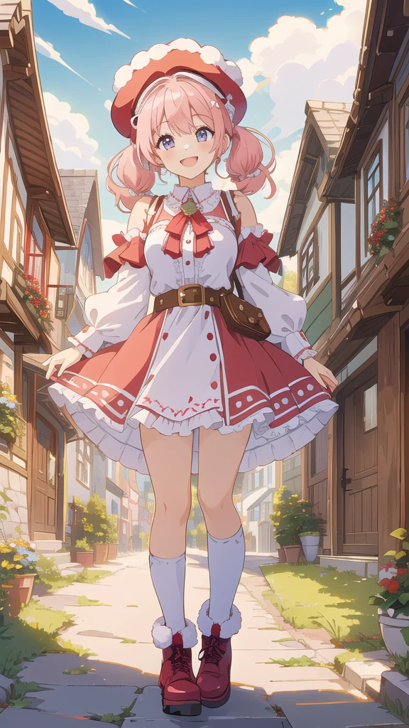 upper body,smile, leaning back,(knees to chest,knees up:1.3), (upskirt wind lift:1.2), ((flying high in the sky,blue sky,White cloud,falling)),hanako, short hair, (yellow eyes:1.3), pink hair, horns,dress, bow, tail, pantyhose,red dress, red footwear,(white bloomers,frills), collarbone, gemstone, juliet sleeves, puffy sleeves, choker, masterpiece,Noise Reduction,perfect anatomy,high resolution, ultra-detailed,game cg,dutch angle ,beautiful detailed eyes,visualart,five fingers, perfect hands, perfect lighting,