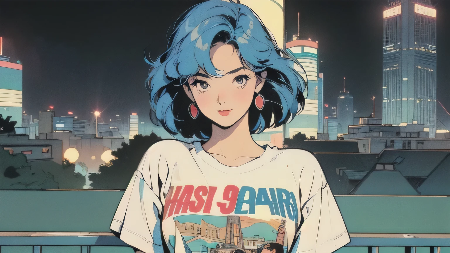 (((masterpiece, Best Quality))), The most detailed background, (((Flat Chest))), (((32K Wallpapers))), (((Retro night city and woman))), (((Woman with Tokyo Tower in the distance))), The most detailed background, ((Flat Chest)), (((Surrounded by many complex buildings, Sophisticated, Retro townscape))) Upper Body, (((One:One:One )))), Upper Body, (One:1.2)), ((Colorful throughout))), A perfect retro city, (((Perfect Face))), (((The most complete retro city))), Thin Hair, Short sleeve white T-shirt, Colorful hair colors, (((happy birthday))), 