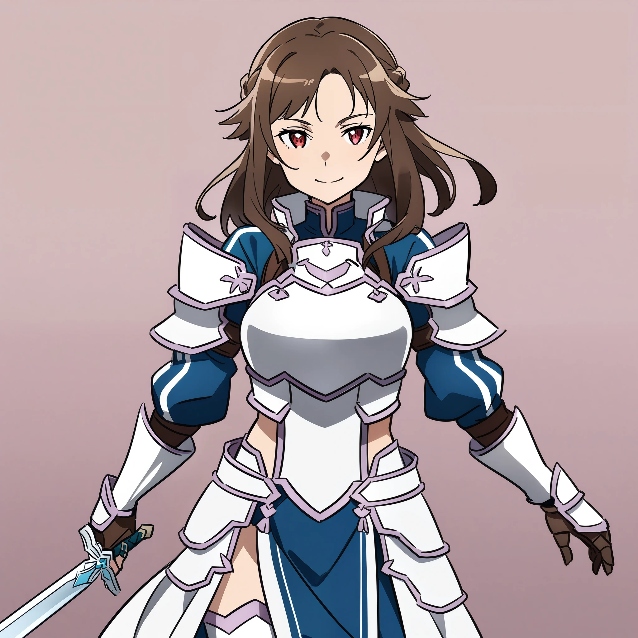 (high-quality, breathtaking),(expressive eyes, perfect face) 1girl, female, solo, Sword Art Online, mature, half open eyes, Alicization, Symmetrical Eyes, simple background, gentle smile, medium hair, fluffy hair, fantasy outfit, SAO inspired, maomao, armor, chest plate, sword art online outfit, cowboy shot, medium full shot, dark brown hair, bangs, alluring red eyes, large breasts, knight attire, Bicep-high Gauntlets, Armored Boots, Thigh-high Heeled Boots, Armored Gauntlets, Adventurer gear, battle Skirt
