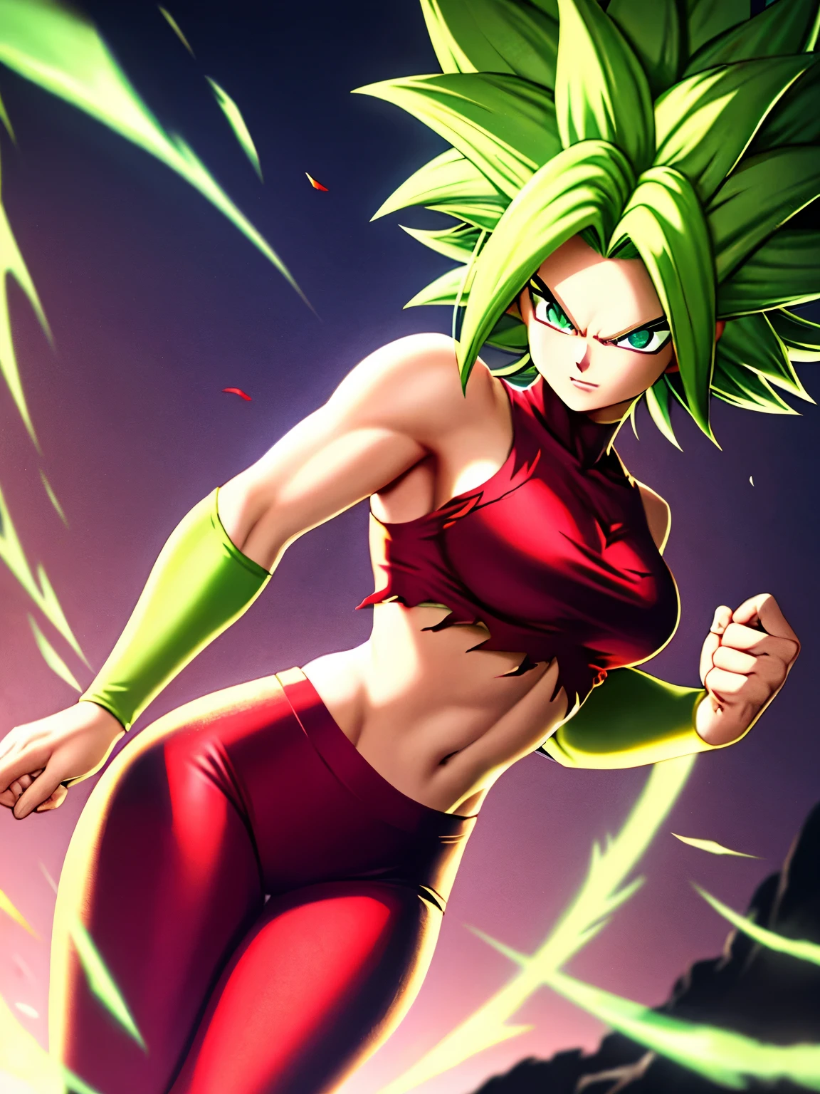 xyzkefla, super_saiyajin, green_Hair, green_eyes, 1 , nailed_Hair, Energy, torn_clothes, joy, aura, leggings, red clothes, dramatic, striptease, provocative position, cliff, looking at the viewer, ((perfect hand)), flying
