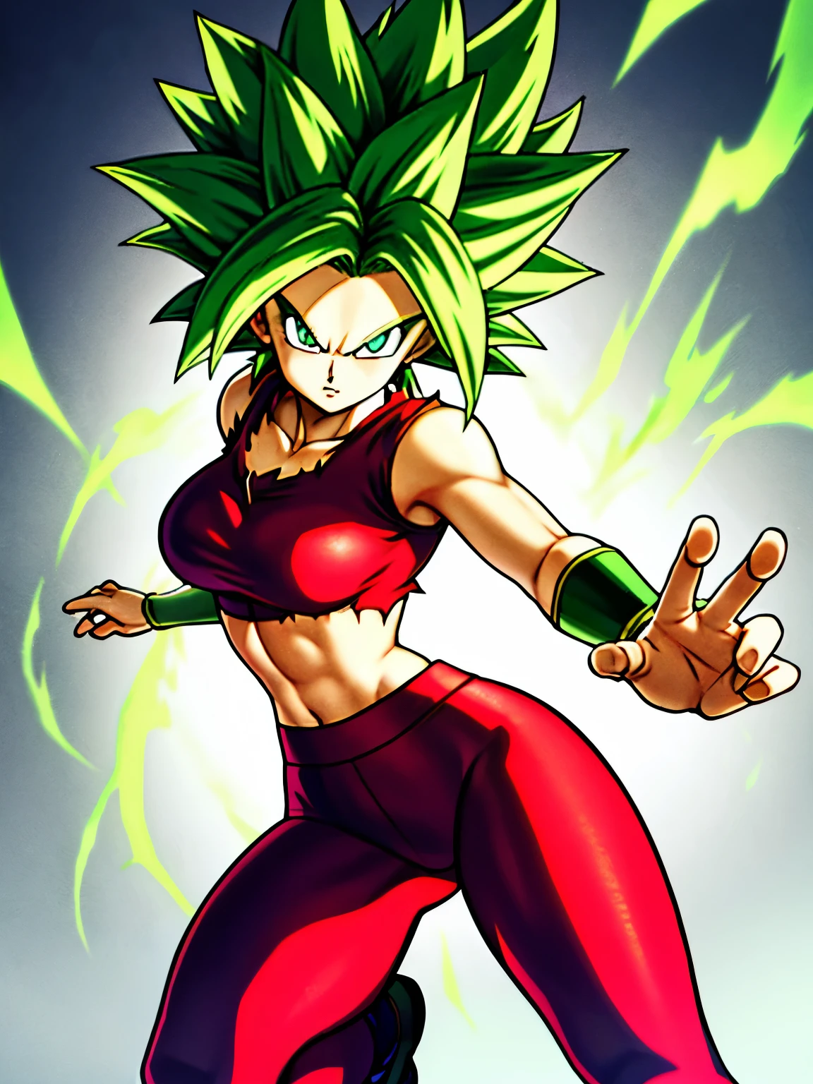 xyzkefla, super_saiyajin, green_Hair, green_eyes, 1 , nailed_Hair, Energy, torn_clothes, joy, aura, leggings, red clothes, dramatic, striptease, provocative position, cliff, looking at the viewer, ((perfect hand)), flying
