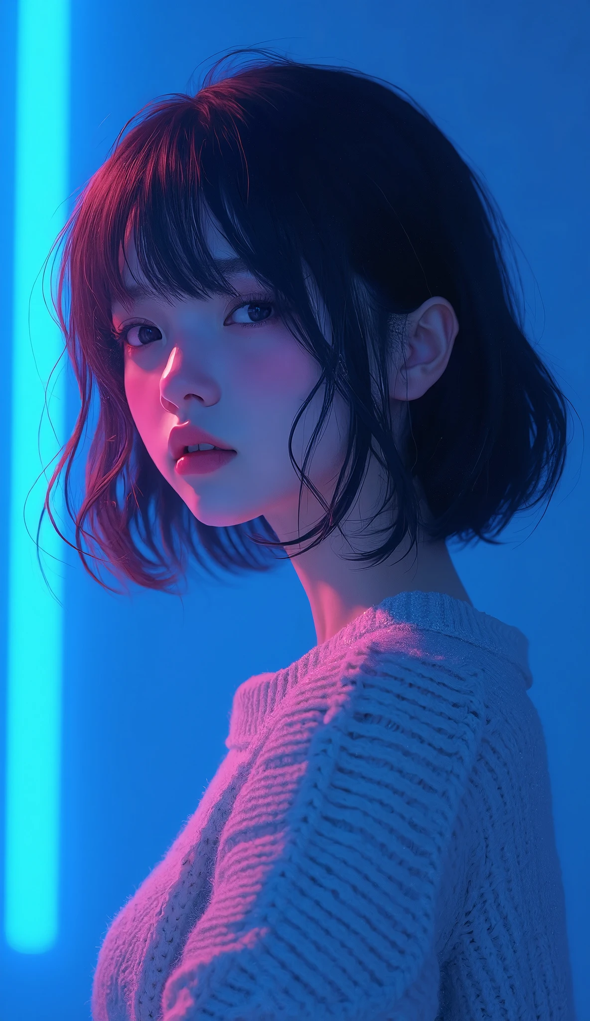 (Best Quality:0.8), (Best Quality:0.8), Perfect illustration((masterpiece, Best Quality)), Illustrator, anime, Realistic, sketch, 1 girl, lip, sweater, order, Blue gradient background, Neon Hair, Texture clipping, Canada, (masterpiece, Best Quality) cancer, About Art, Gothic art, Depth of written boundary, Cinema Lighting, Backlight, 超High resolution, masterpiece, Textured Skin, Anatomically correct, Super detailed, Attention to detail, High image quality, Best Quality, Award-winning, High resolution, 16k