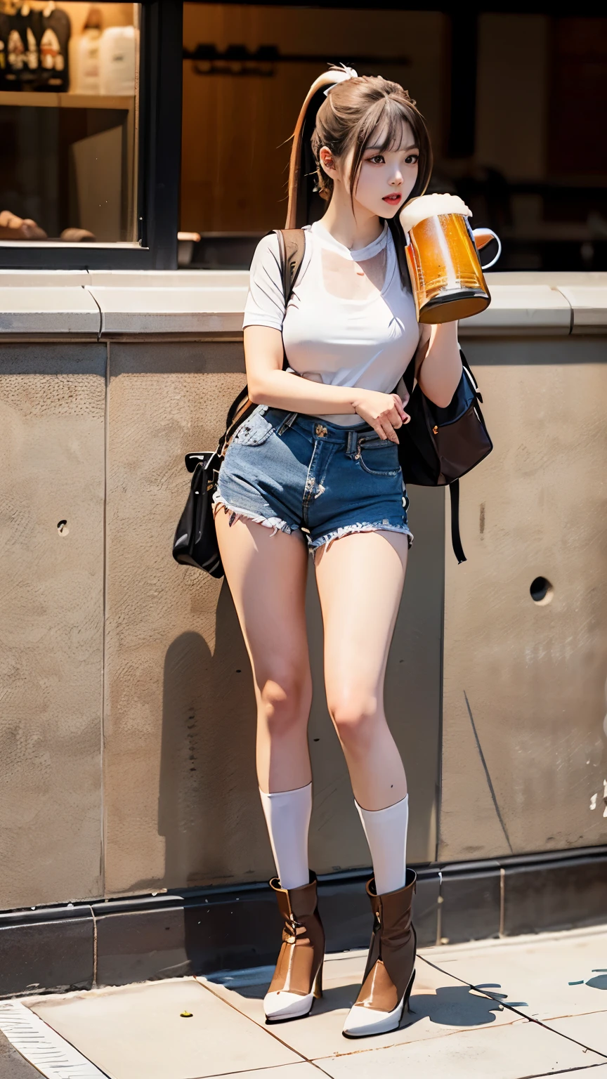 ((gulp down a drink beer mug:1.5)),voluptuous legs,(full body shot:1.2),Ultra high quality,cute face,Beautiful sexy japanese girl 1,whitet-shirt,Waistless tight sexy blue denim mini shorts,(wearing backpack:1.5),((wearing brown very short high heels boots and white loose ankle socks:1.5)),bar scene,((hairstyle ponytail:1.5)),sandy beige hair,(1girl:1.1),top model body, perfect legs,(urination:1.5), provocative, hight heels,standing up,High heels、Perfect figure、Very beautiful、Japanese girl