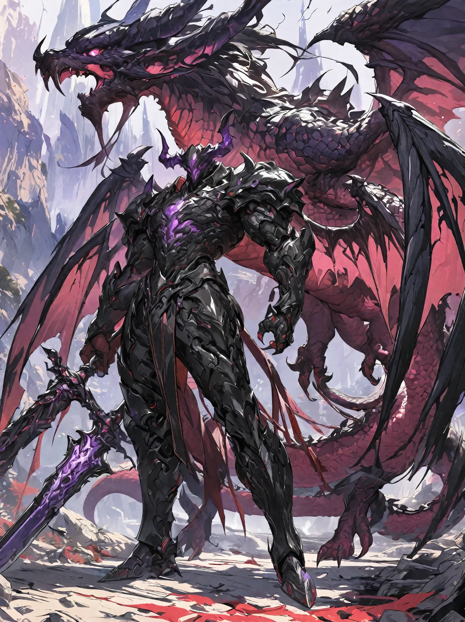 Best quality 8K resolution, Highly detailed, Digital Painting, Concept art, of the highest quality, One, beautiful face, 1 man, adult man, with a relief body, V-shaped body, black detailed armor with glowing purple details, black demonic horns, with large and long dragon wings, short hair, black hair, purple with red tones reptile eyes, a man has a big and long sword in his hand, Against the background of war
