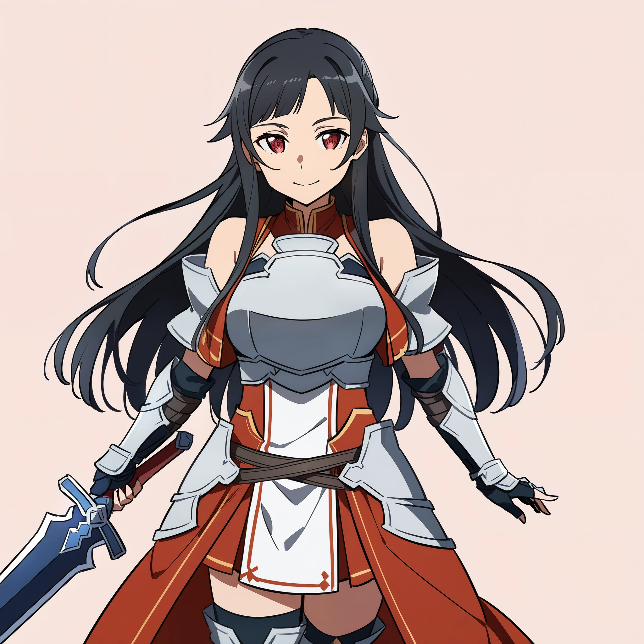 (high-quality, breathtaking),(expressive eyes, perfect face) 1girl, female, solo, Sword Art Online, mature, half open eyes, Alicization, Symmetrical Eyes, simple background, gentle smile, long hair, fantasy outfit, SAO inspired, maomao, armor, chest plate, sword art online outfit, cowboy shot, medium full shot, black hair, bangs, alluring red eyes, large breasts, knight attire, Bicep-high Gauntlets, Armored Boots, Thigh-high Heeled Boots, Armored Gauntlets, Adventurer gear, battle Skirt, black white and red palette