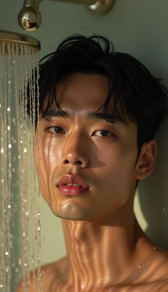 a handsome Asian man, he is wearing a springy white tank top, wet, standing on his back showing his ass, dramatic lighting, hyper-realistic, 8k, high quality, intricate details, cinematic composition, glowing skin, dramatic atmosphere, moody lighting He stands together with very Handsome Asian male, skinny full body, atmospheric, cute masculine square detailed face, short hair, dead inside, veined dick, unbuttoned shirt, bokeh, veined body ,create Taiwanese man who is in Full Body sitting naked with extra real erecting penis