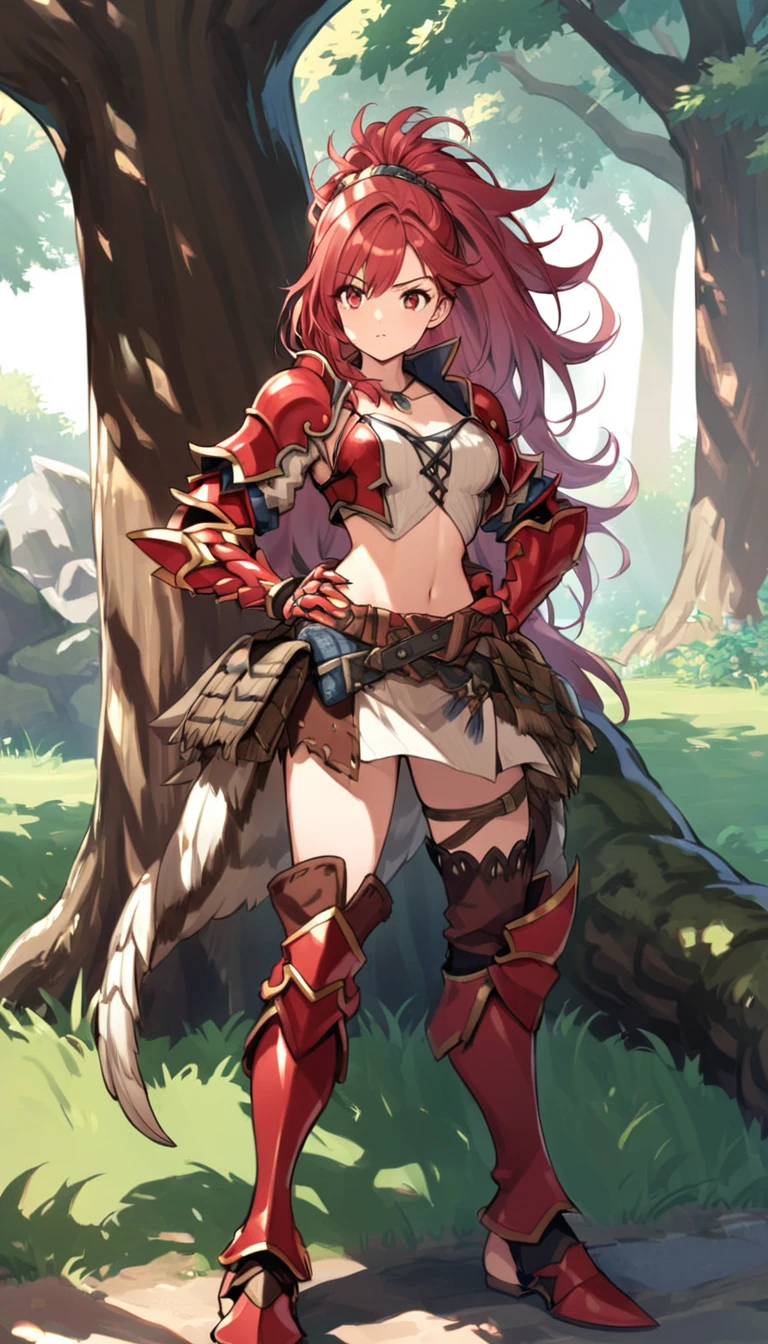 (crimson claw armor), faith clothes, Huntress, Rise of the Monster Hunter, Red hair, red eyes, sakura tree background, shading, standing under the shade of a tree