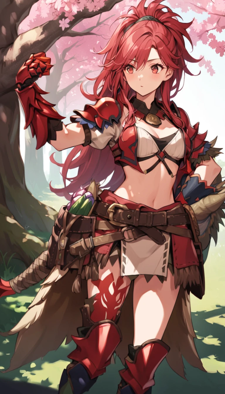 (crimson claw armor), faith clothes, Huntress, Rise of the Monster Hunter, Red hair, red eyes, sakura tree background, shading, standing under the shade of a tree