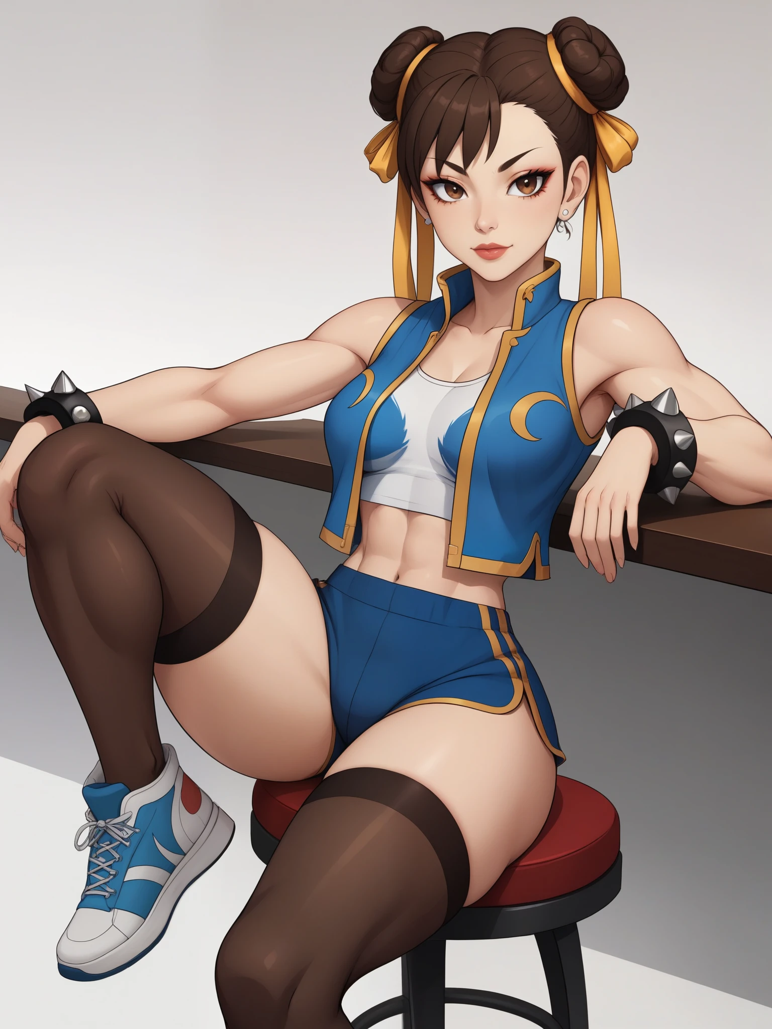 Chun-li. brown hair. odango's hairstyle is tied with ribbons.brown eyes. Big growth. athletic legs. very small breasts. huge, toned thighs. shorts, stockings. vest and sneakers. bar. sitting