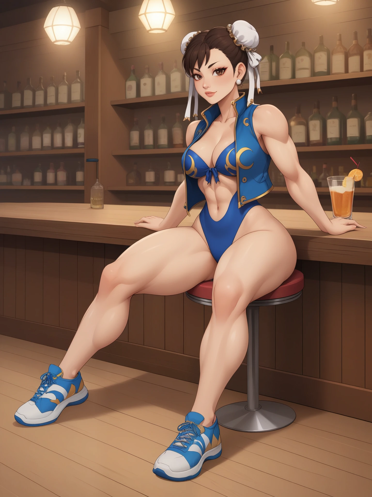 Chun-li. brown hair. odango's hairstyle is tied with ribbons.brown eyes. Big growth. athletic legs. very small breasts. huge, toned thighs. swimsuit, vest and sneakers. bar. sitting