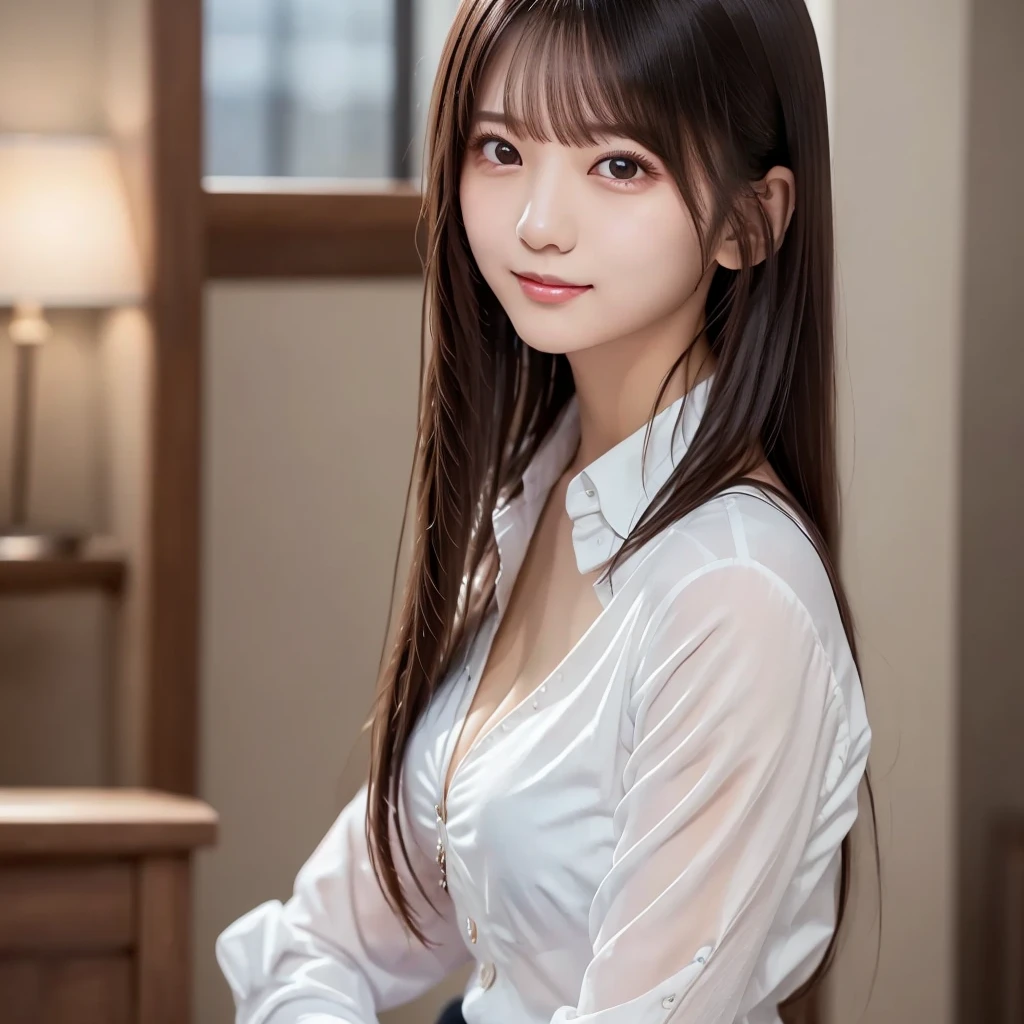 White shirt, beautiful目, Idol, Feminine black hair, (Delicate and realistic hair, 1 1 Realistic Hair), bangs, Natural color lips, smile, ((white indoor)), indoor, (18 year old woman: 1. 2), Young and adorable Japanese face, Official Art, High resolution CG Unity 8k 壁紙, (masterpiece: 1.0) , (Best Quality: 1. 0), (Best Quality: 1. 0), Ultra High resolution,4K,Very detailed,photograph,8k,NFFSW,High resolution,Kodak Portrait 400,Film Grain,Lens Flare グロー,Best Quality,8k,NFFSW:1. 2),Portrait Shot,8k,Show Viewer, ((masterpiece)), ((Best Quality)), (Super detailed), ((cute)), (Nice), ((sexy)), ((Very detailedな)), (Detailed clothing features), 4K, (8k), (beautiful), Illustration, beautiful日本人の女性, ((1 female)), beautiful black hair, (long hair:1.2), ((beautiful eyes)), Lens Flare, (((Front View))), ((Facing))、((Focus on the head and face)), bangs、((From the neck up))