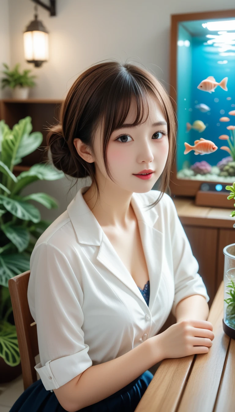 Portraiture、Miniature photo style、One Girl、Focus on the girl、Brown Hair、Shortcuts、(((Large aquarium、aquarium)))、Houseplants、Succulents、Beautifully laid out、完璧にBlurred Background、Well-coordinated room、Sit on a chair、Please redeem、Best Quality、Ultra-high resolution、Very detailed、８ｋ、Cinema Lighting、Professional photographer、Miniature、Blurred Background、