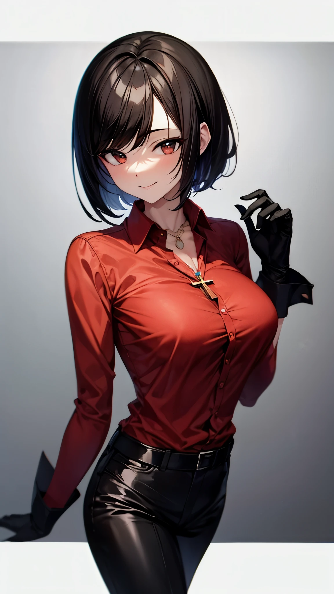 （（super high quality,））（（Ultra-high resolution,））（16k,）（super masterpiece,）（（Ultra HD ,））（Detailed shading,）One sexy woman,Straight black hair, very short,Side-swept bangs,Sharp Eyes,Brown Eyes,smile,A red shirt suit with the third button undone,popped Tight open collar,Cross Necklace,Folded sleeves,Tight black pants,Long black gloves and boots,