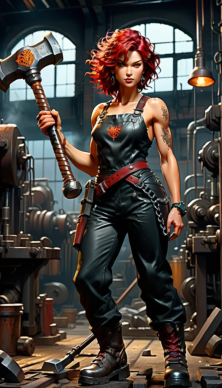 (wide angle), 1woman, goddess of the forge, Hephaestus, ((blacksmith woman)), middle-aged woman in her 40s, toned muscle physique, ((medium length wavy with crimson roots fading to black tips)), burn scars on chest and arms, (wearing leather apron, apron with glowing symbols), (tight black button up shirt) , (wearing skin tight white leggings), (wearing flat heeled black work boots), ((swings a huge smithy hammer in one hand, over her head)), smith's hammer glows, she stands at an angelic anvil, (set inside a massive automated factory:1.37), ((high resolution)), intricately detailed facial features, detailed piercing eyes, refined jawline, masterpiece, 8k, ((hyper realistic)), 3/4 profile view, cinematic lighting, dramatic shadows, warm color tones, intricate details, hyper-detailed, battle hammer, (spl1th41r, two tone hair), perfecteyes