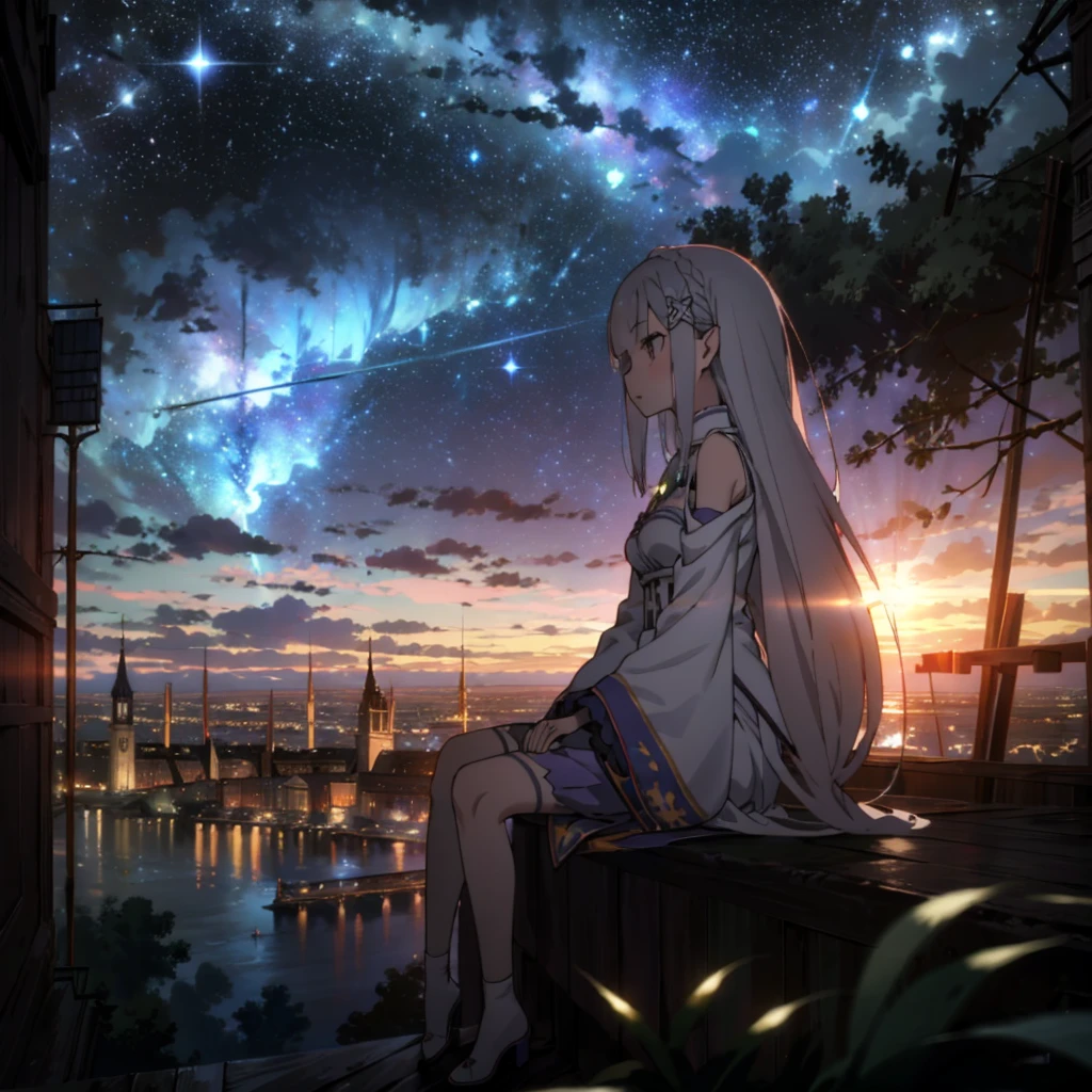 sky, star (sky), scenery, starry sky, night, 1girl, night sky, solo, outdoors, building, cloud, milky way, sitting, tree, long hair, city, silhouette, cityscape, closed umbrella on her side