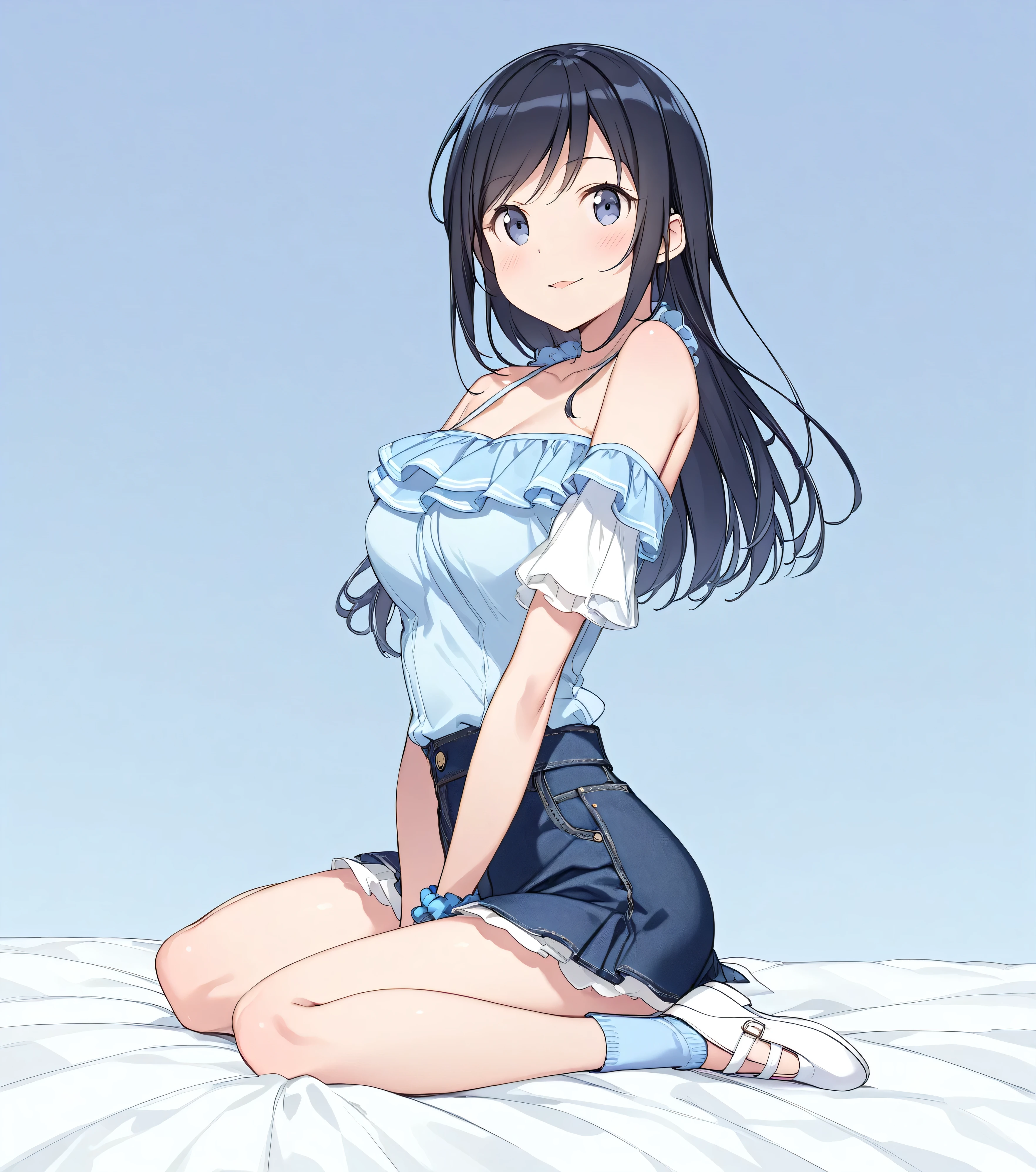 (masterpiece)、(Best Quality)、(High resolution)、(Very detailed)、(so beautiful:0.9)、(Very cute:0.9)、(Brighten the face:0.3)、
(Ayase Aragaki), girl,
Straight long black hair、Long Hair、amount、Hair Clip、
smile, Shyness,
Beautiful breasts、Round Breasts、Round face、
Perfect Anatomy、Perfect slim legs、Two perfect arms、Five Perfect Fingers、Big brown eyes、slender、Narrow waist、
Delicate and smooth skin、Beautiful Skin、Textured Skin、Healthy Skin、
Alone、whole body、
Off-the-shoulder white top with ruffled sleeves、Dark denim mini skirt with pink ruffle detail、Blue scrunchie on wrist、Pink and blue knee-high socks, White pumps、
casual:0.8、
The background is light blue、
(light blue background:1.5)、(Light blue floor)、Bright lighting without shadows、
(solo:1.5), (cowgirl position, Leg spread, On the bed),
(whole bodyショット:1.5),
(Showing off the muscles),