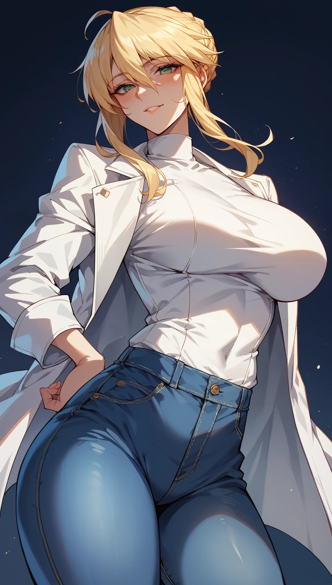 best quality, clean and beautiful face, a 1girl, (Blonde hair, big breasts, thin, wide thighs), stand up, posing, Lancer Artoria, ((white jacket, jeans)), erotic, manager, night time, simple background, smile, blushed,