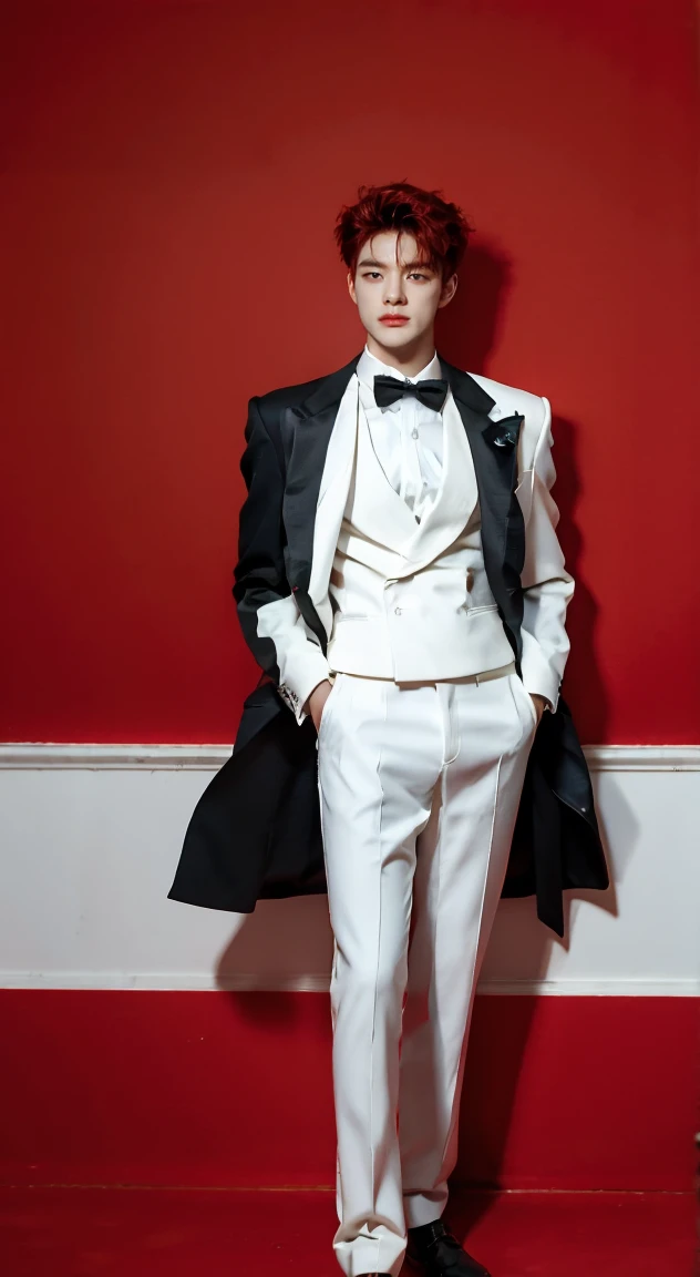 Full Body Photo 、 8K HD High Quality Image 、 Studio Background 、 Accurate 、Korean man 、 NCT Jeno 、White skin 、 Red hair 、FULL black tuxedo set 、black shoes 、Standing in a Full Height from Head to toe 、Cool Korean man haircut 、Holding cards on his hands 、NO MAKE UP 、Red FACE MASK 、Black fedora 、Black tuxedo pants 、Black necktie 