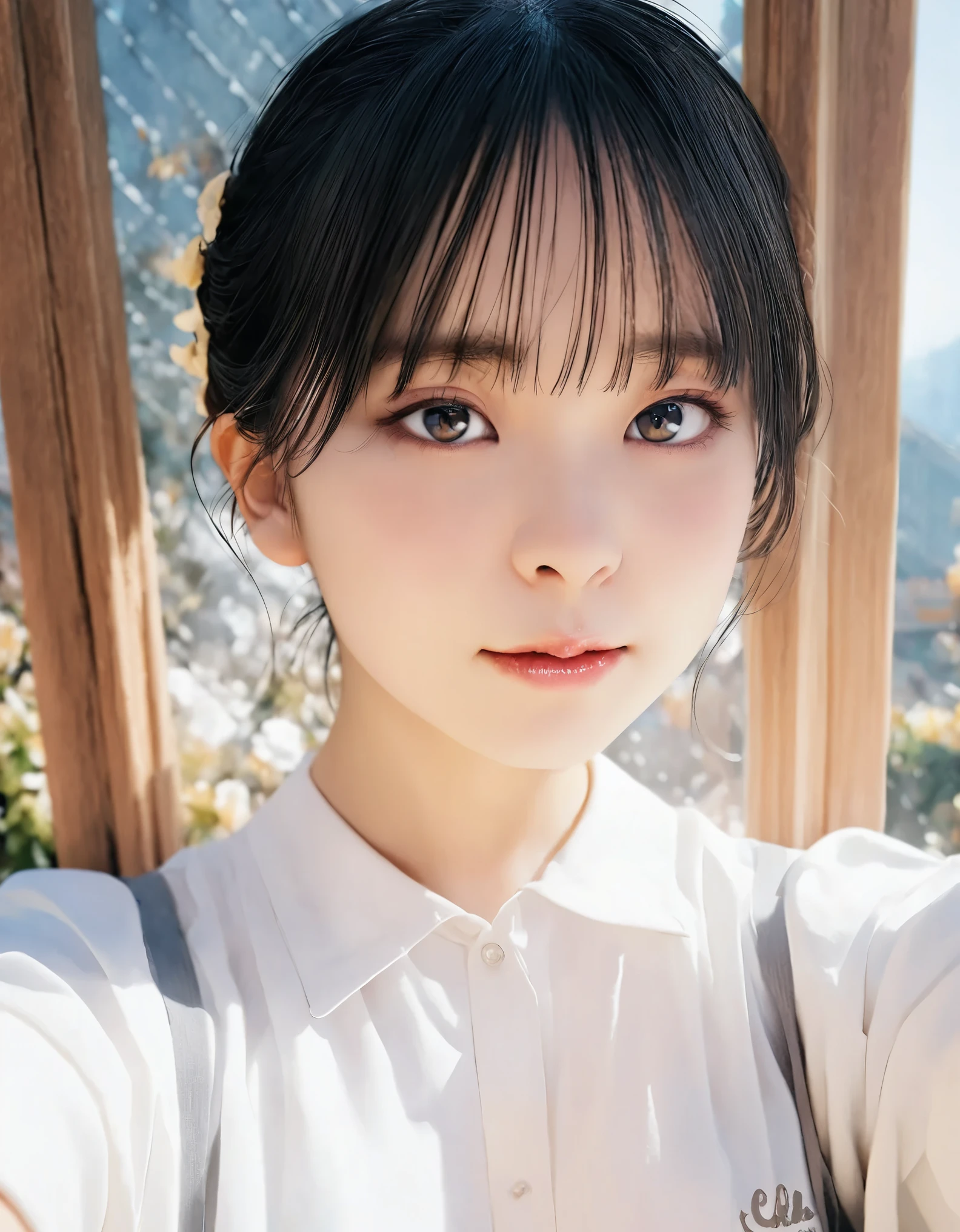 A close up of a woman with a white shirt and a backpack - SeaArt AI