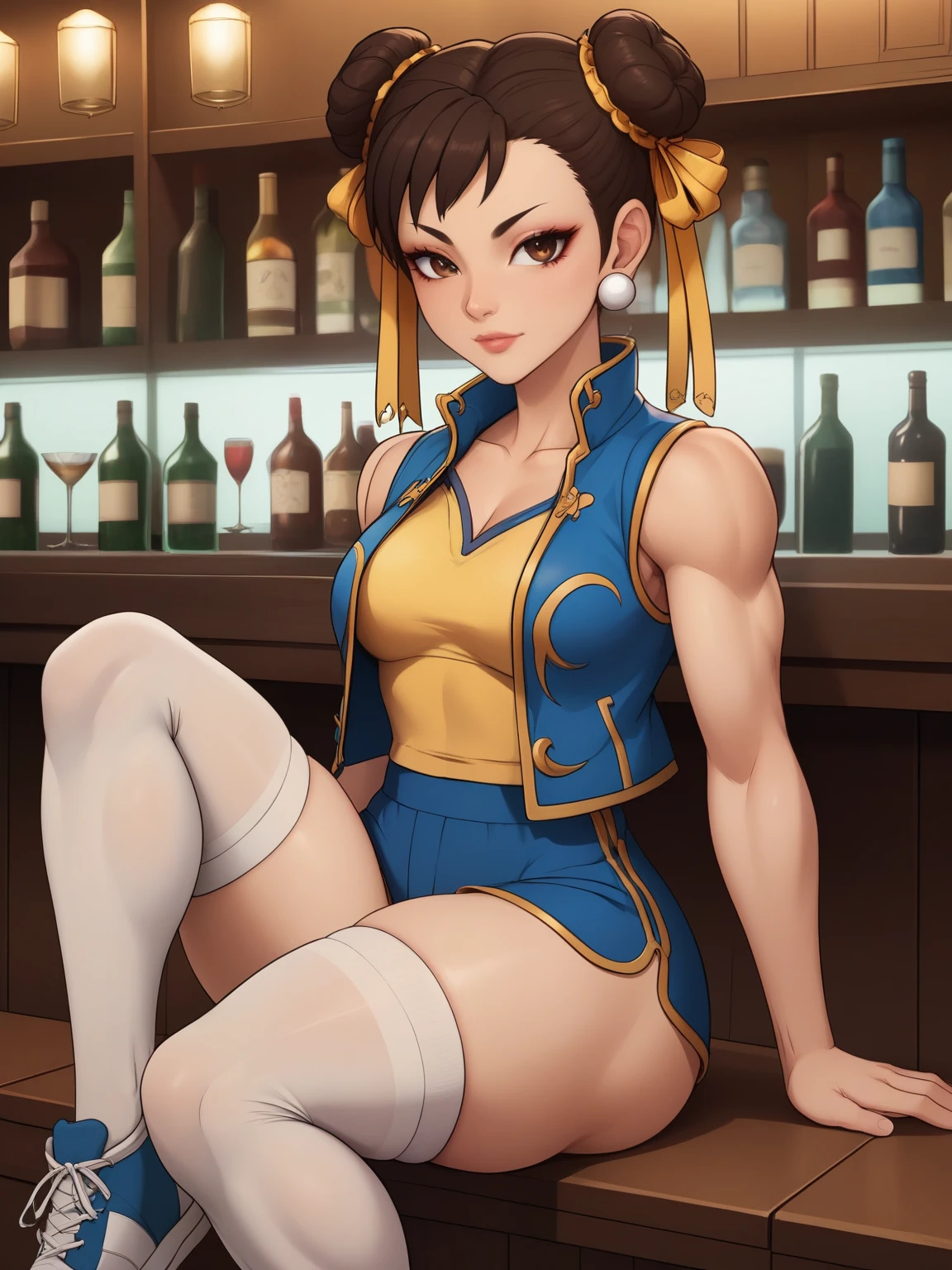 Chun-li. brown hair. odango's hairstyle is tied with ribbons.brown eyes. Big growth. athletic legs. very small breasts. huge, toned thighs. shorts, stockings. vest and sneakers. bar. sitting